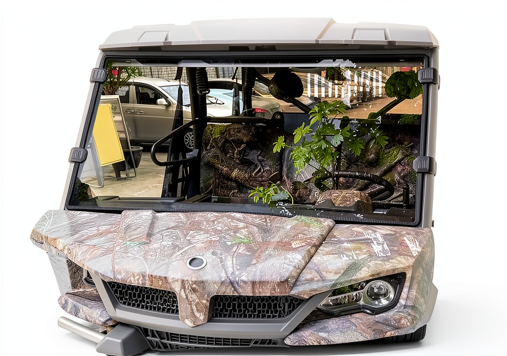 UTV windshield installed on a UFORCE 1000 in a dusty trail environment